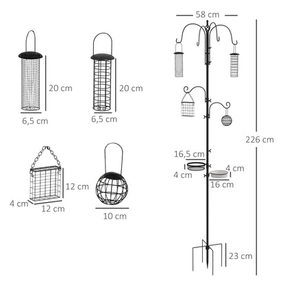 Bird Feeding Station Stand with 6 Hooks 4 Hanging Feeders for Peanuts Seeds Fat Balls Black