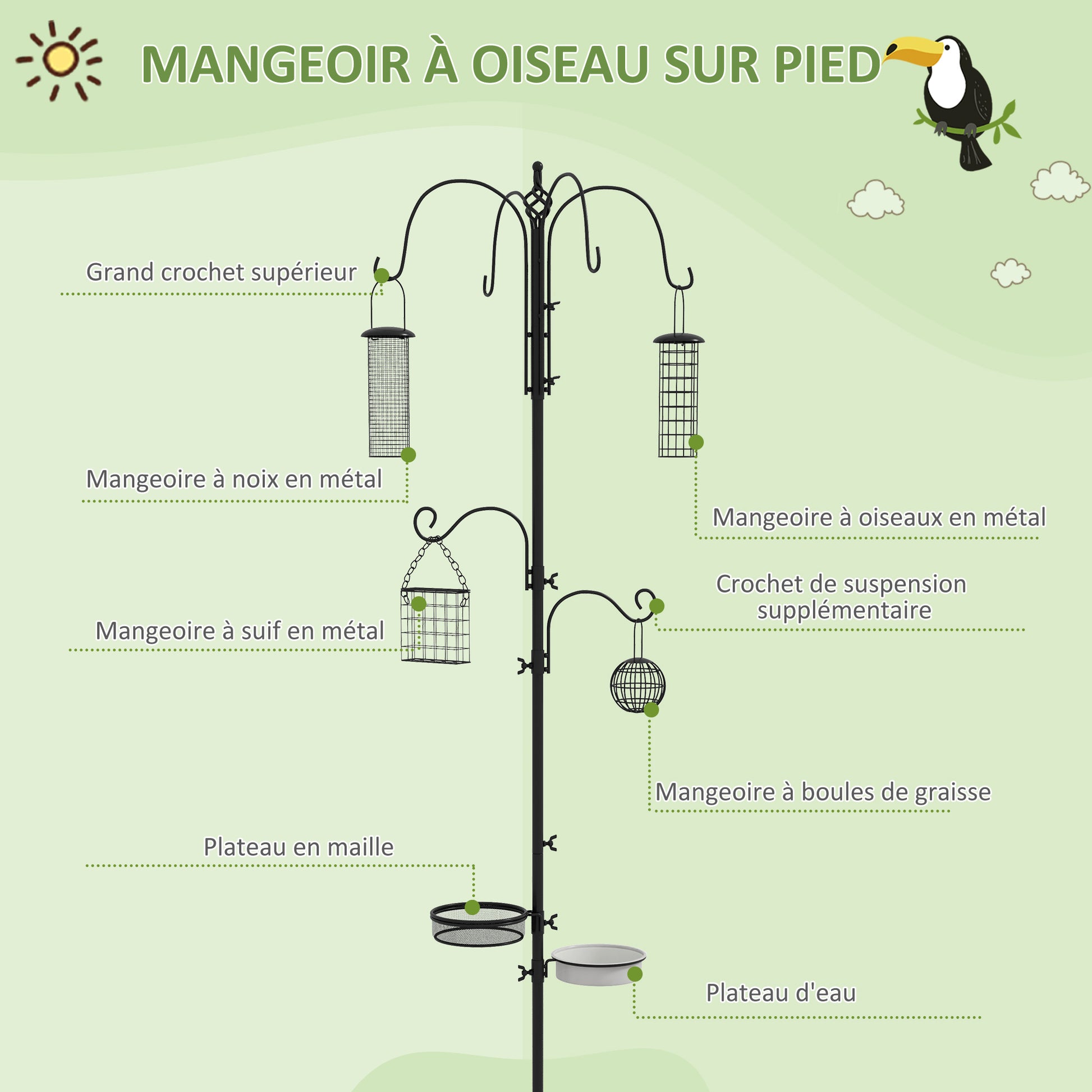 Bird Feeding Station Stand with 6 Hooks 4 Hanging Feeders for Peanuts Seeds Fat Balls Black