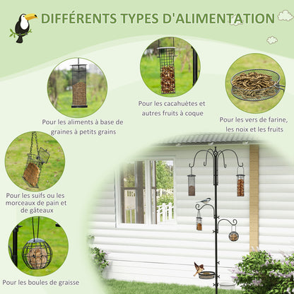 Bird Feeding Station Stand with 6 Hooks 4 Hanging Feeders for Peanuts Seeds Fat Balls Black