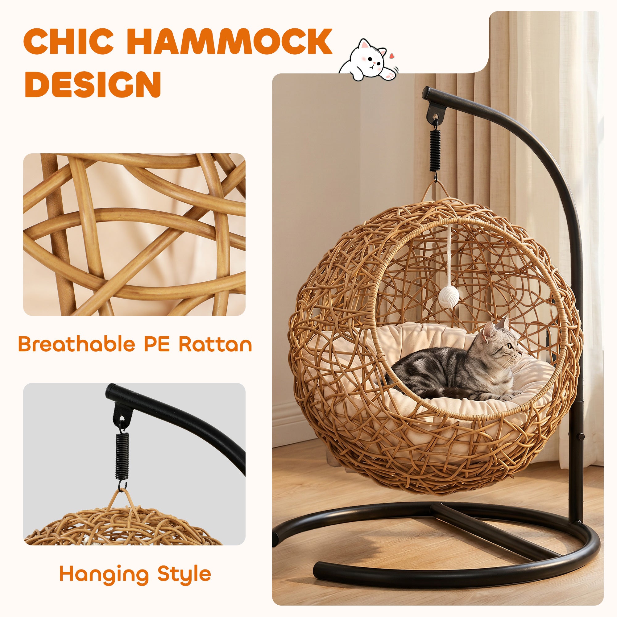 Woven Cat Bed — Elevated Rattan Cat House with Washable Cushion & Toy Ball, Indoor Hideout, 17.7 x 16.1 x 29.5 in (45 x 41 x 75 cm), Light Brown