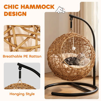 Woven Cat Bed — Elevated Rattan Cat House with Washable Cushion & Toy Ball, Indoor Hideout, 17.7 x 16.1 x 29.5 in (45 x 41 x 75 cm), Light Brown