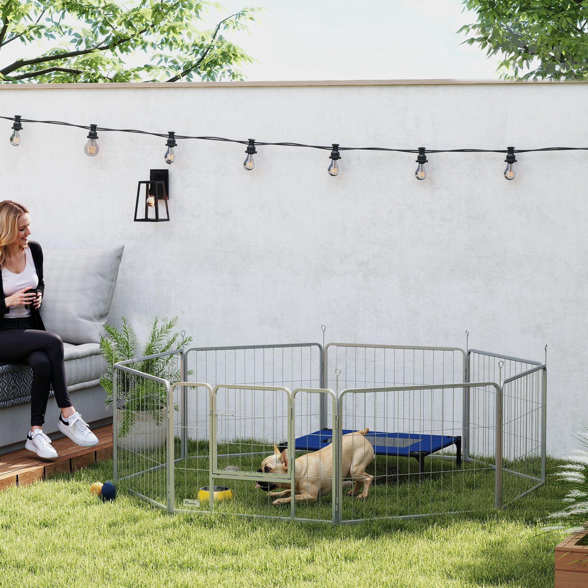 Puppy Playpen 8-Piece Puppy Playpen with 8 Grid Panels Door Ground Spikes Flexible Protective Tarp Playpen 60 cm High Dog Playpen Enclosure For Dogs Cats Puppy Playpen for Outdoors