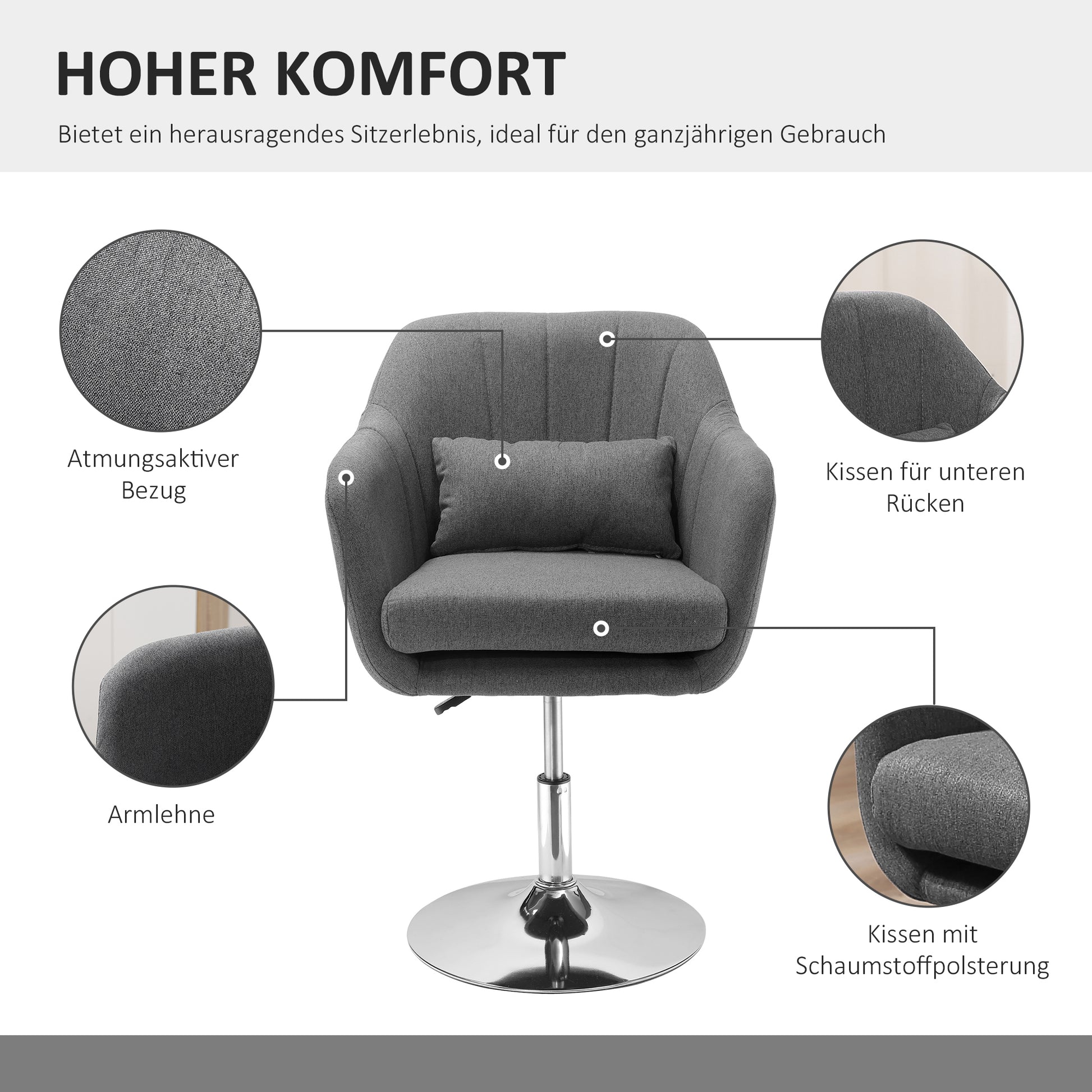 Chair Lounge Chair with Armrest, Lumbar Pillow, Upholstered Recliner with Metal Frame, Linen Look, Height Adjustable Swivel Chair for Bedroom, Living Room, Dark Gray