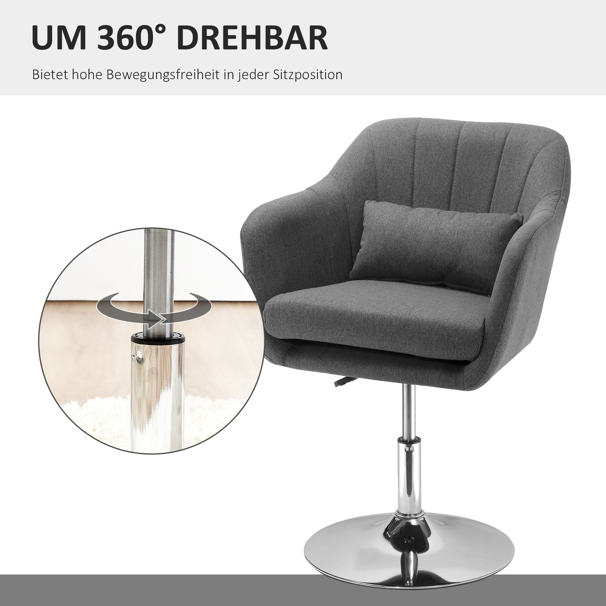 Chair Lounge Chair with Armrest, Lumbar Pillow, Upholstered Recliner with Metal Frame, Linen Look, Height Adjustable Swivel Chair for Bedroom, Living Room, Dark Gray