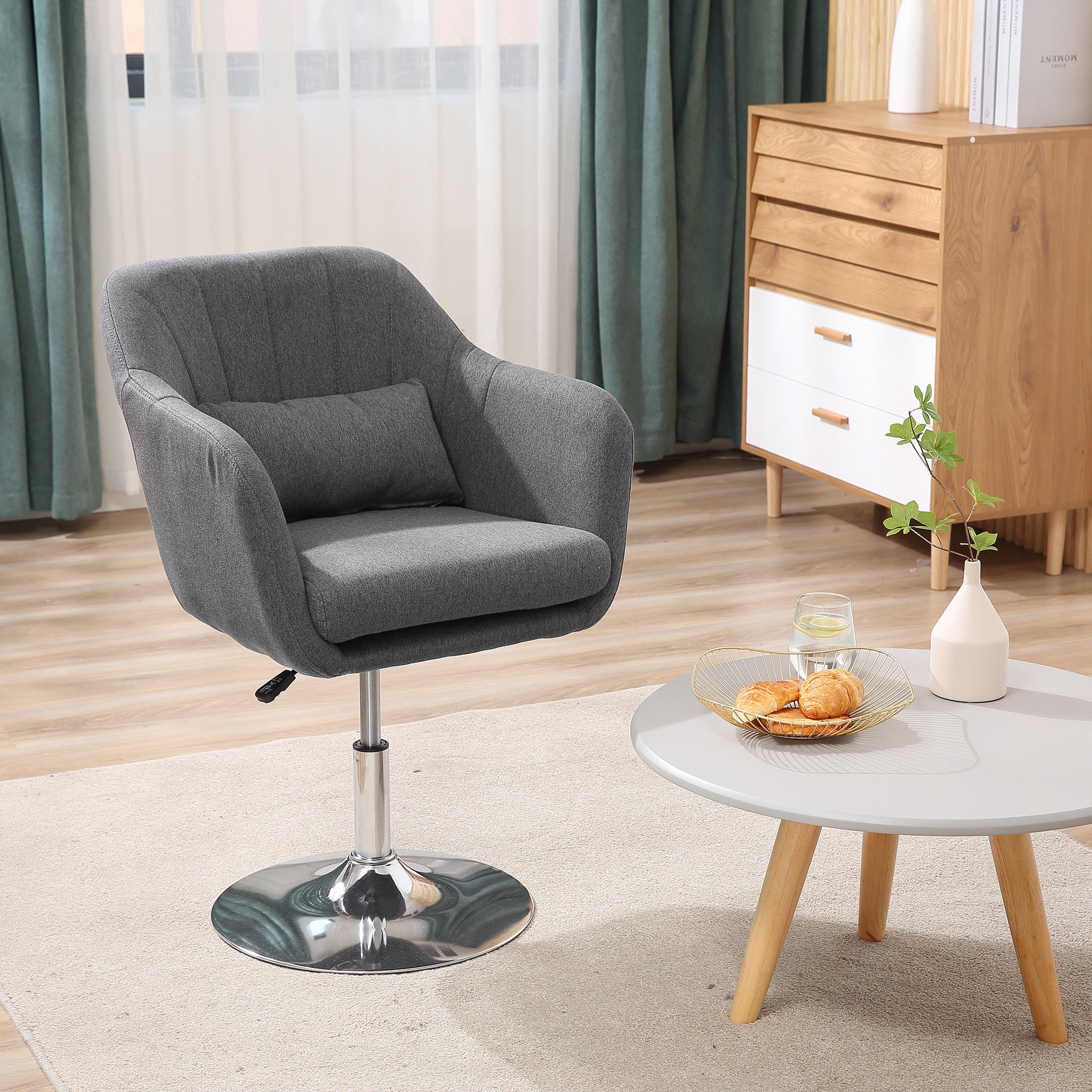 Chair Lounge Chair with Armrest, Lumbar Pillow, Upholstered Recliner with Metal Frame, Linen Look, Height Adjustable Swivel Chair for Bedroom, Living Room, Dark Gray