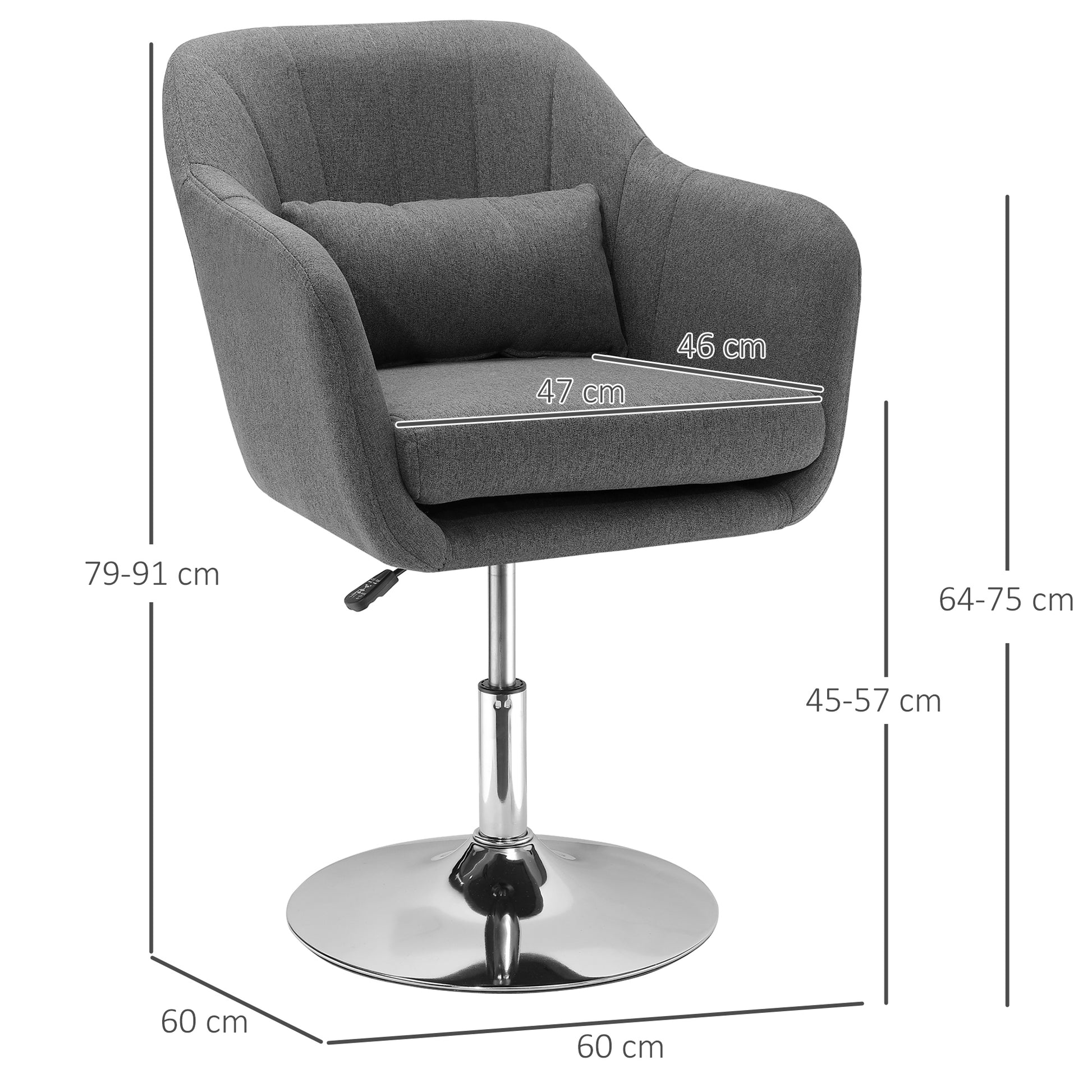 Chair Lounge Chair with Armrest, Lumbar Pillow, Upholstered Recliner with Metal Frame, Linen Look, Height Adjustable Swivel Chair for Bedroom, Living Room, Dark Gray