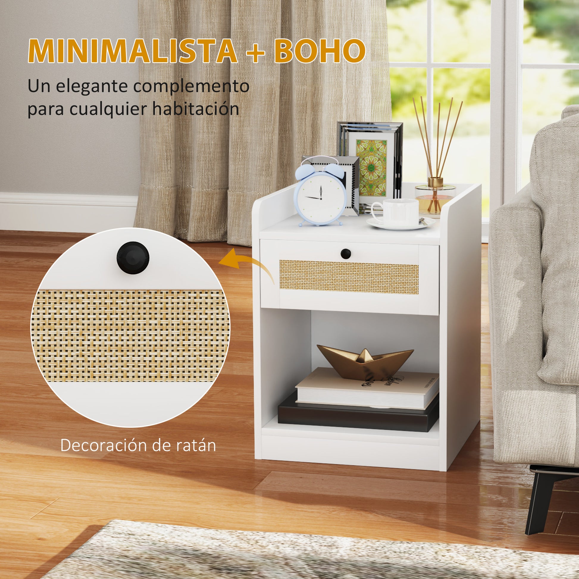 Set of 2 Bedside Tables with Rattan Front Drawer Nightstands for Bedroom Home Room 40x40x53 cm White