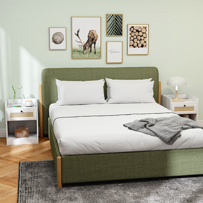 Set of 2 Bedside Tables with Rattan Front Drawer Nightstands for Bedroom Home Room 40x40x53 cm White