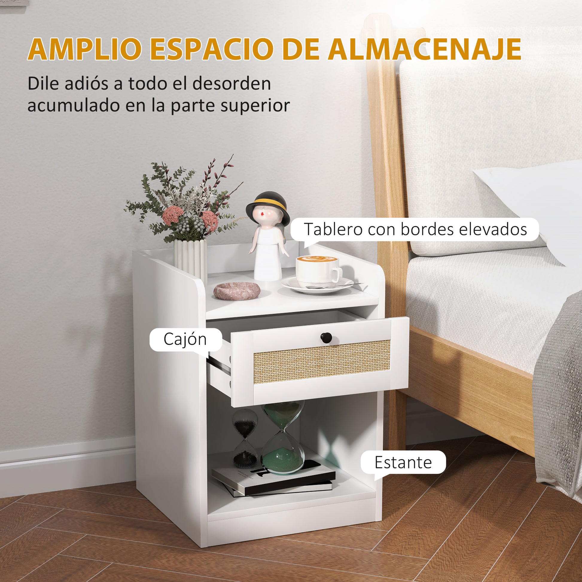 Set of 2 Bedside Tables with Rattan Front Drawer Nightstands for Bedroom Home Room 40x40x53 cm White