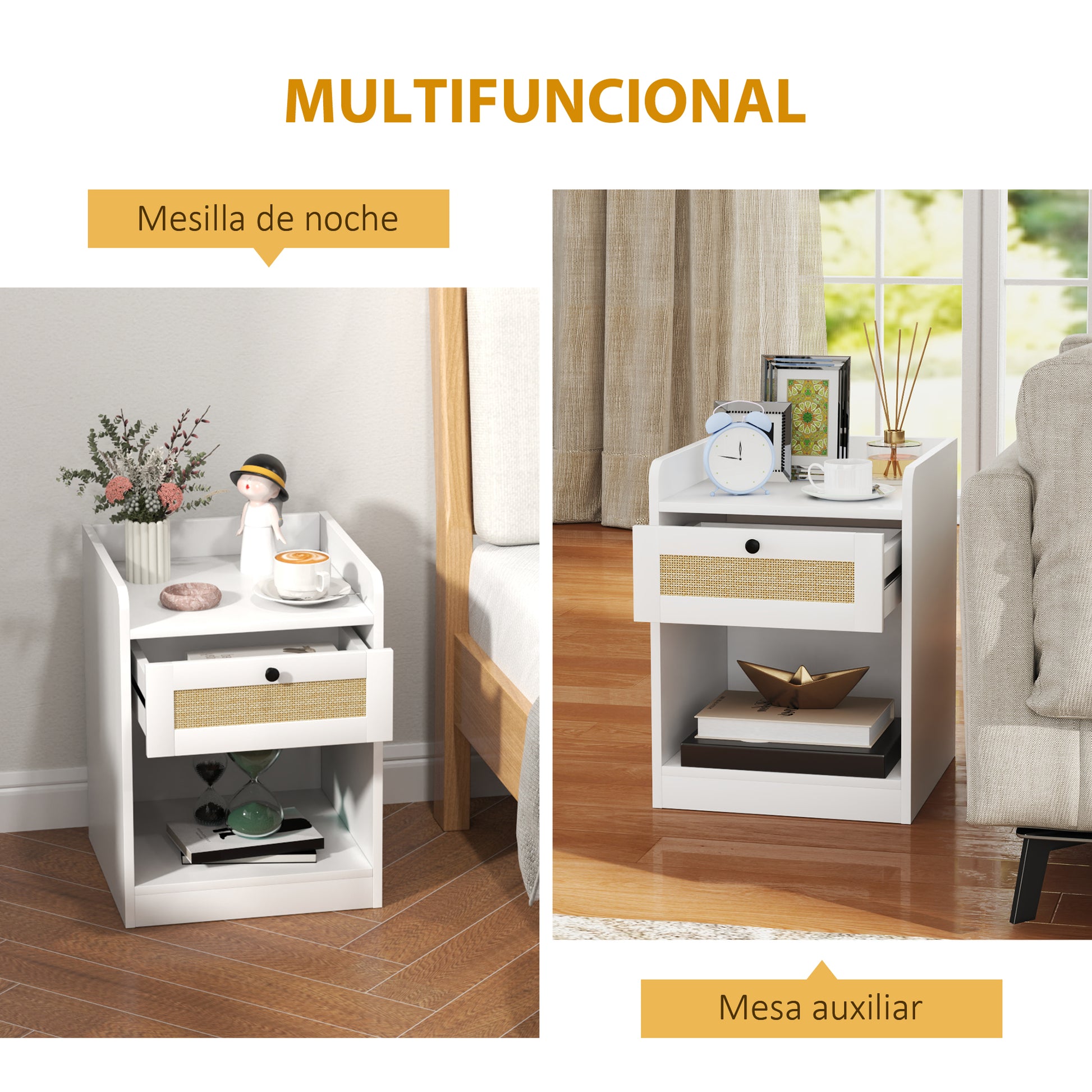 Set of 2 Bedside Tables with Rattan Front Drawer Nightstands for Bedroom Home Room 40x40x53 cm White