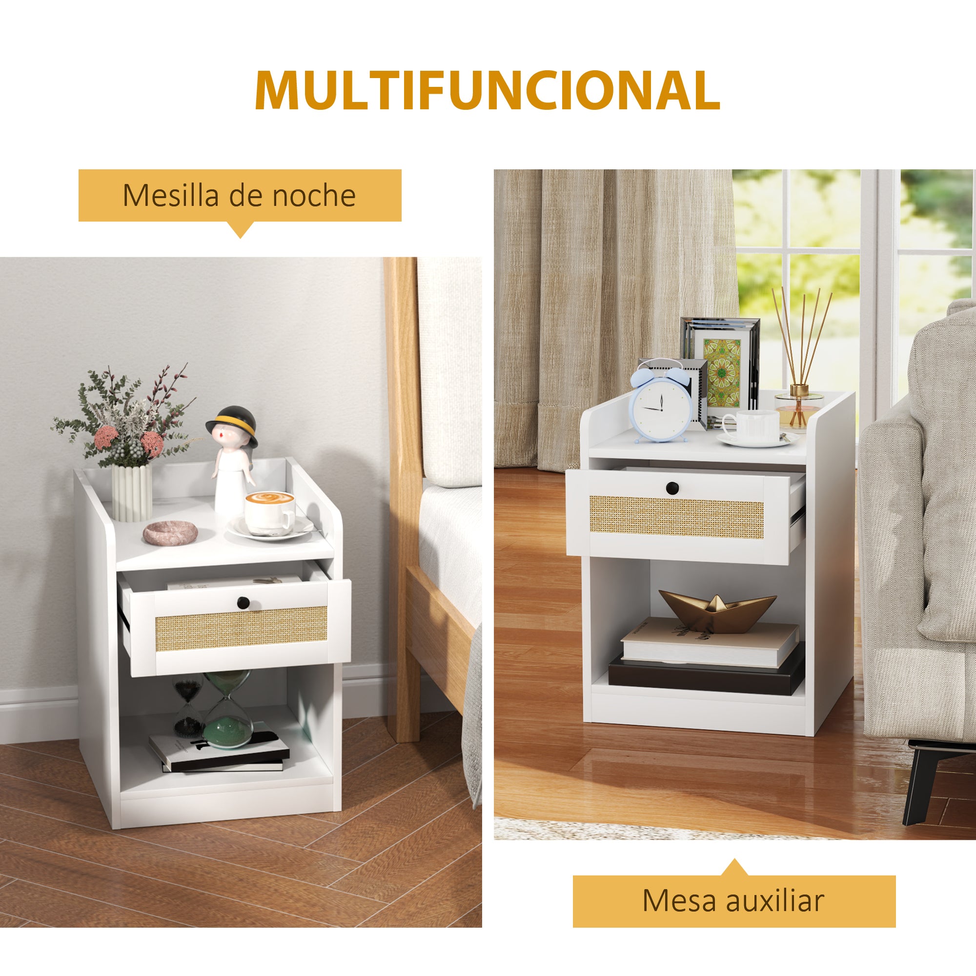Set of 2 Bedside Tables with Rattan Front Drawer Nightstands for Bedroom Home Room 40x40x53 cm White