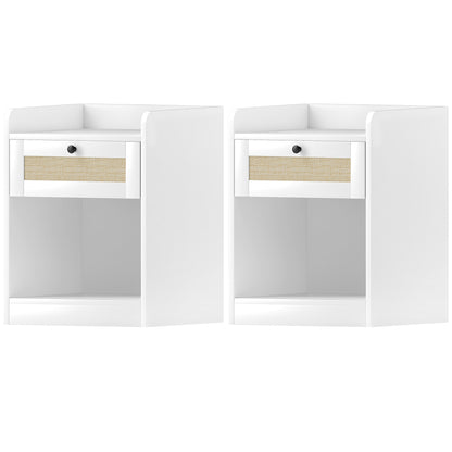 Set of 2 Bedside Tables with Rattan Front Drawer Nightstands for Bedroom Home Room 40x40x53 cm White
