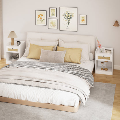 Set of 2 Bedside Tables with Rattan Front Drawer Nightstands for Bedroom Home Room 40x40x53 cm White