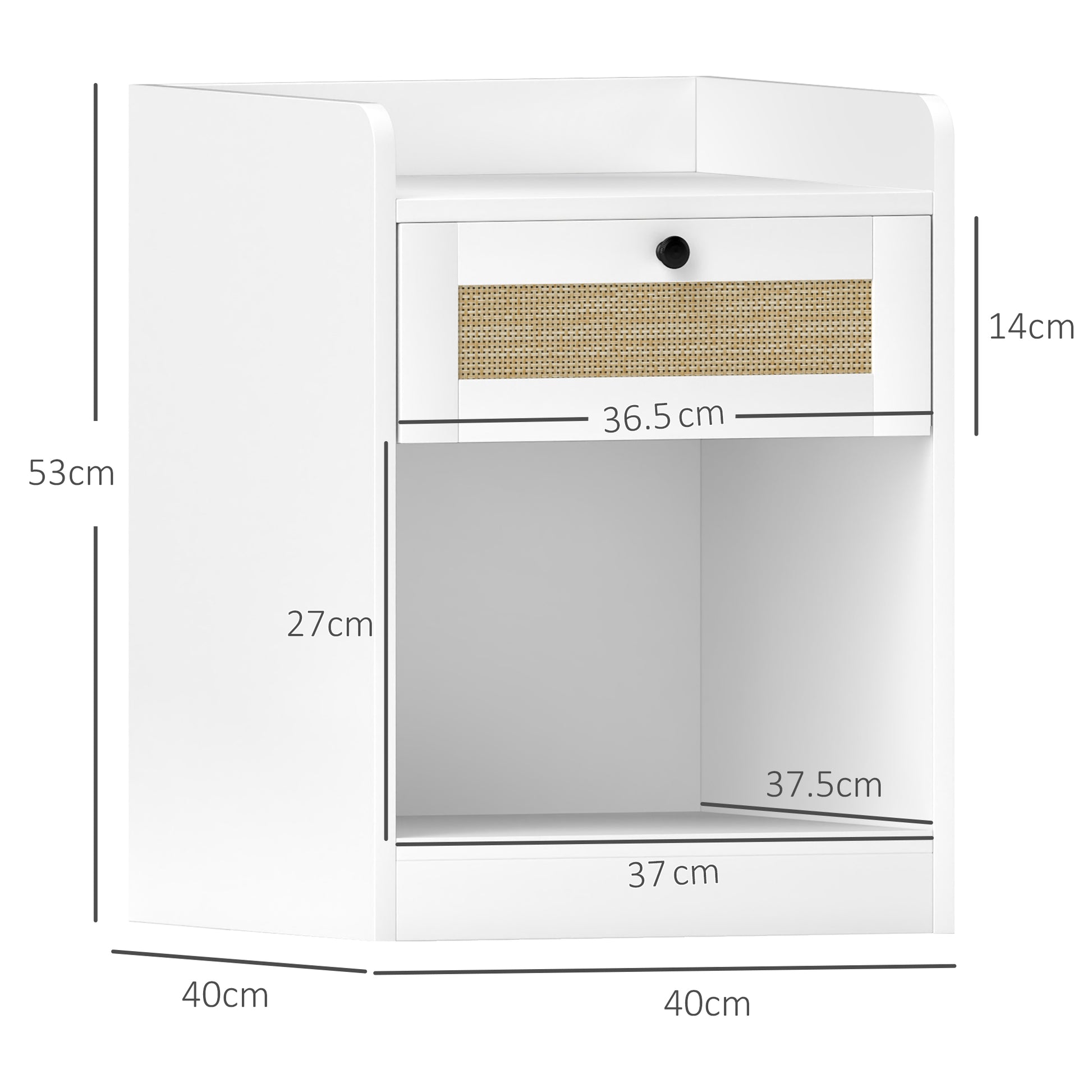 Set of 2 Bedside Tables with Rattan Front Drawer Nightstands for Bedroom Home Room 40x40x53 cm White