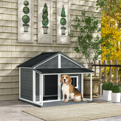 Solid Wood Dog House Small Animal House with Terrace Asphalt Roof Outdoor Weatherproof Shelter for Outside Gray 124 x 112 x 105 cm
