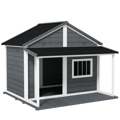 Solid Wood Dog House Small Animal House with Terrace Asphalt Roof Outdoor Weatherproof Shelter for Outside Gray 124 x 112 x 105 cm