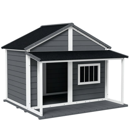 Solid Wood Dog House Small Animal House with Terrace Asphalt Roof Outdoor Weatherproof Shelter for Outside Gray 124 x 112 x 105 cm
