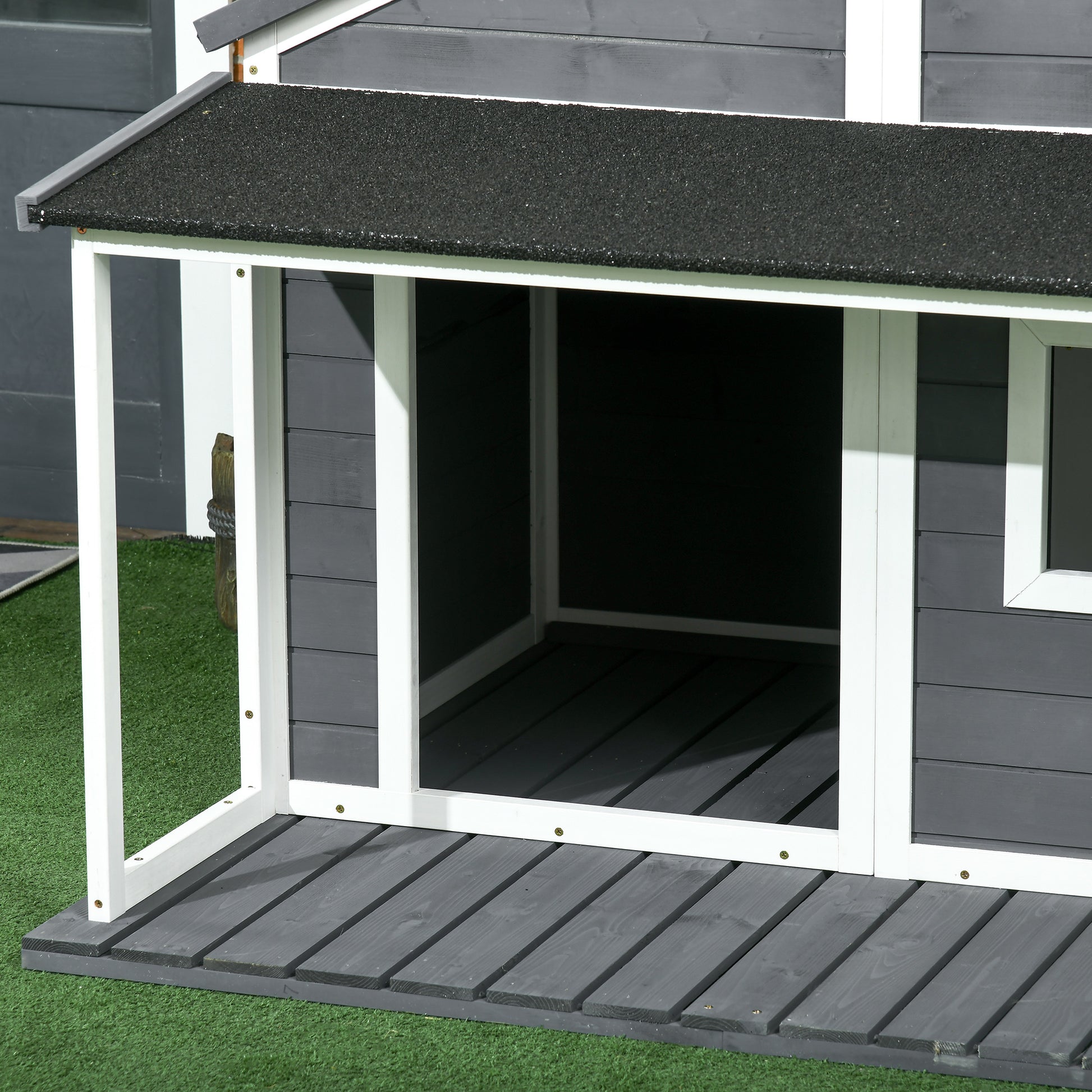 Solid Wood Dog House Small Animal House with Terrace Asphalt Roof Outdoor Weatherproof Shelter for Outside Gray 124 x 112 x 105 cm