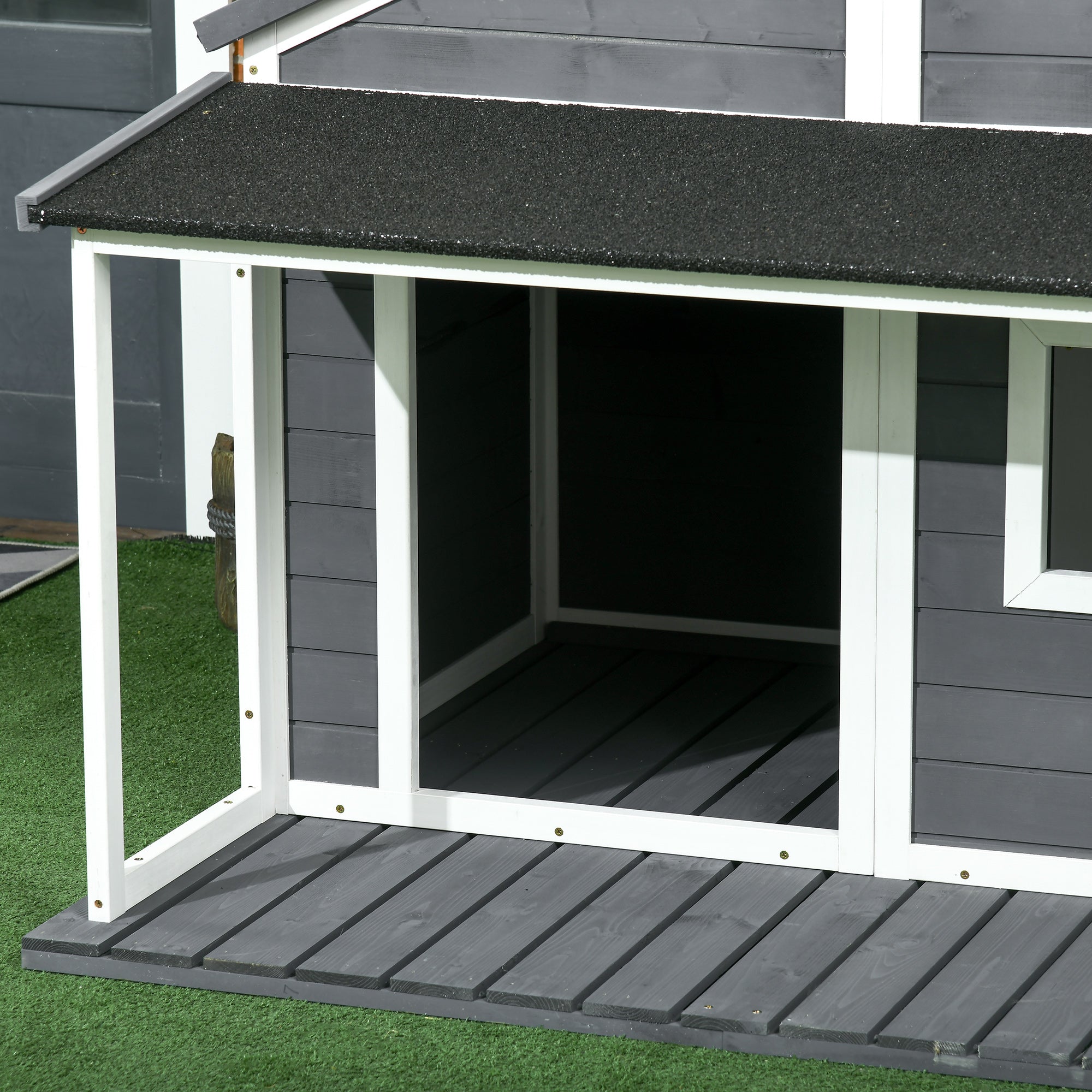 Solid Wood Dog House Small Animal House with Terrace Asphalt Roof Outdoor Weatherproof Shelter for Outside Gray 124 x 112 x 105 cm