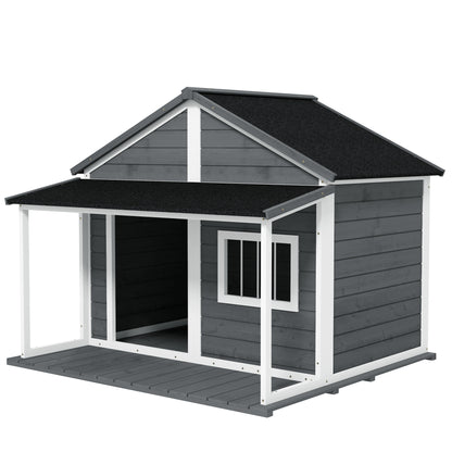 Solid Wood Dog House Small Animal House with Terrace Asphalt Roof Outdoor Weatherproof Shelter for Outside Gray 124 x 112 x 105 cm