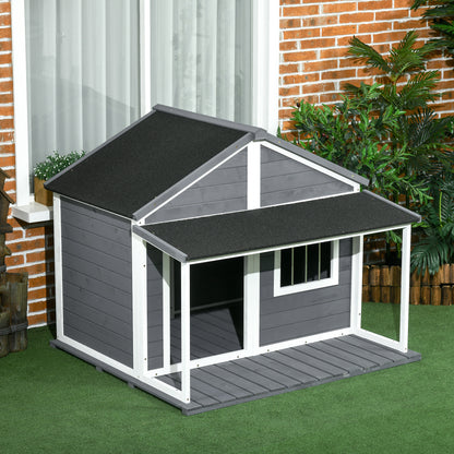 Solid Wood Dog House Small Animal House with Terrace Asphalt Roof Outdoor Weatherproof Shelter for Outside Gray 124 x 112 x 105 cm