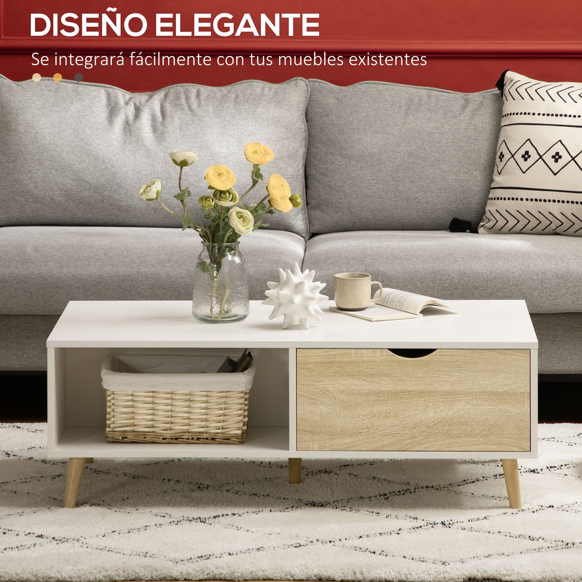 Modern Coffee Table with 2 Drawers and Open Compartments for Office Bedroom Study Room 106x58x39.5 cm White