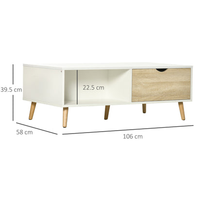 Modern Coffee Table with 2 Drawers and Open Compartments for Office Bedroom Study Room 106x58x39.5 cm White