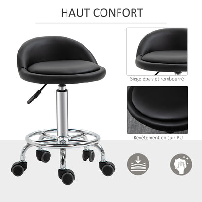 Set of 2 rolling stools swivel work stool 360° - adjustable seat 47-62H cm, ergonomic backrest - chrome-plated steel black synthetic coating