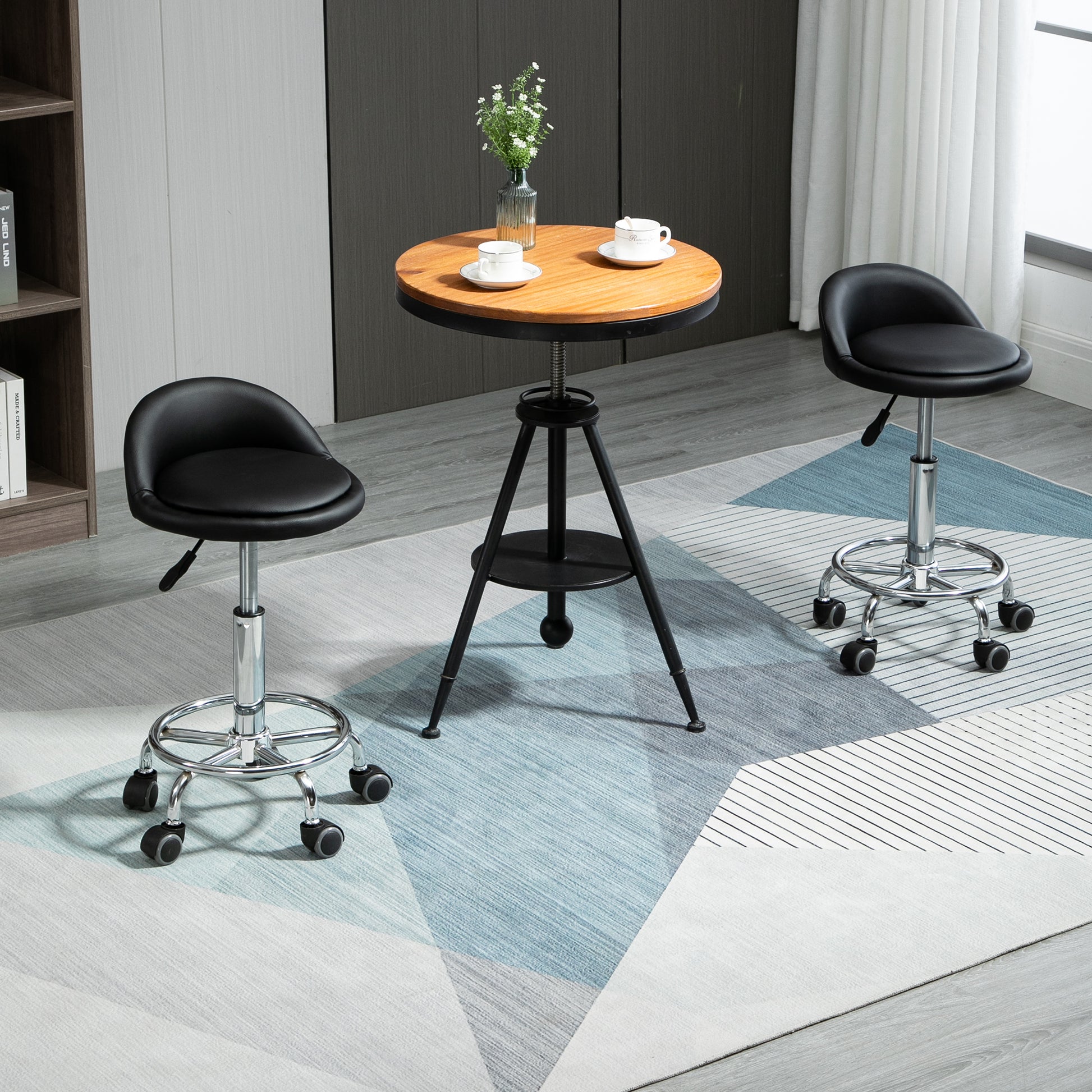 Set of 2 rolling stools swivel work stool 360° - adjustable seat 47-62H cm, ergonomic backrest - chrome-plated steel black synthetic coating