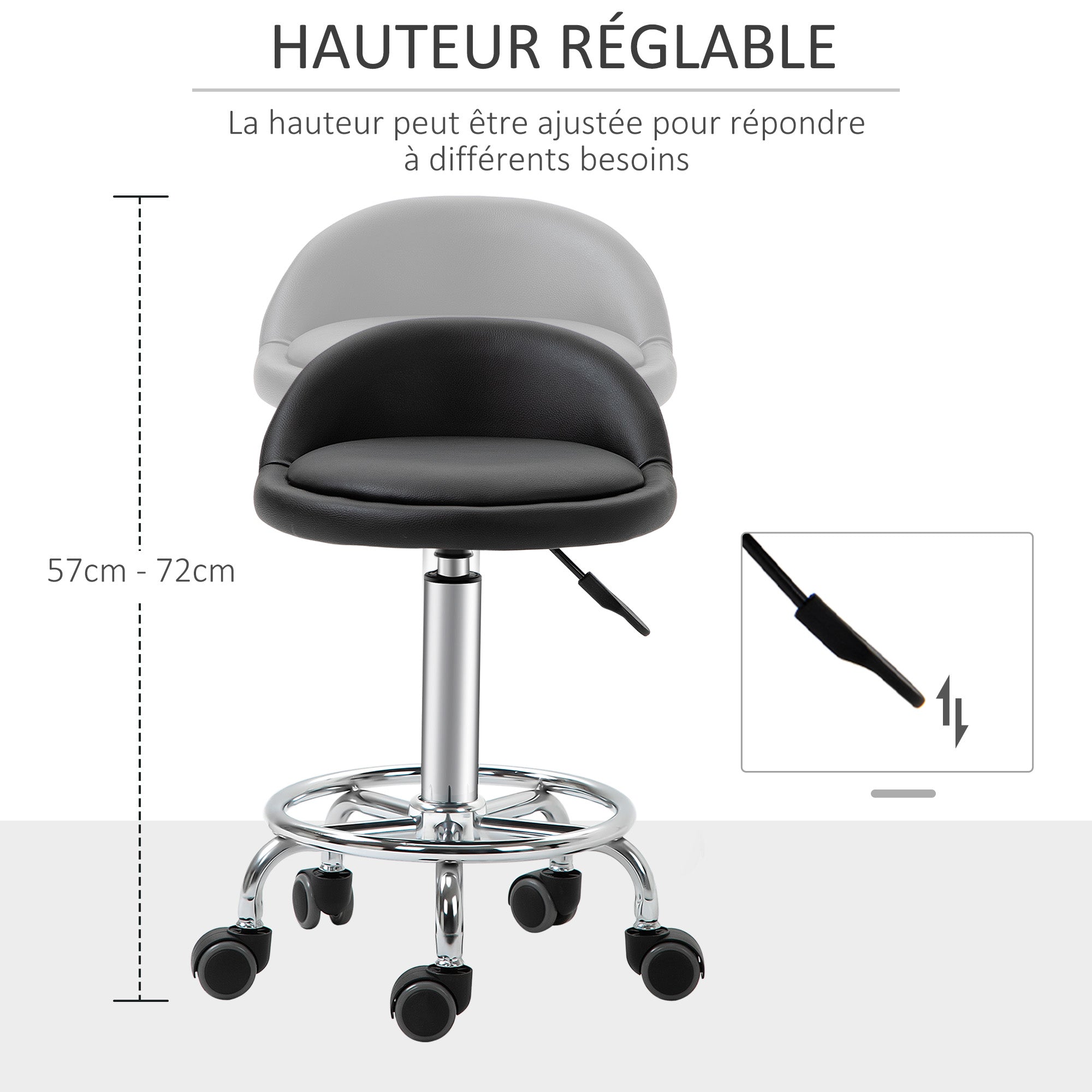 Set of 2 rolling stools swivel work stool 360° - adjustable seat 47-62H cm, ergonomic backrest - chrome-plated steel black synthetic coating