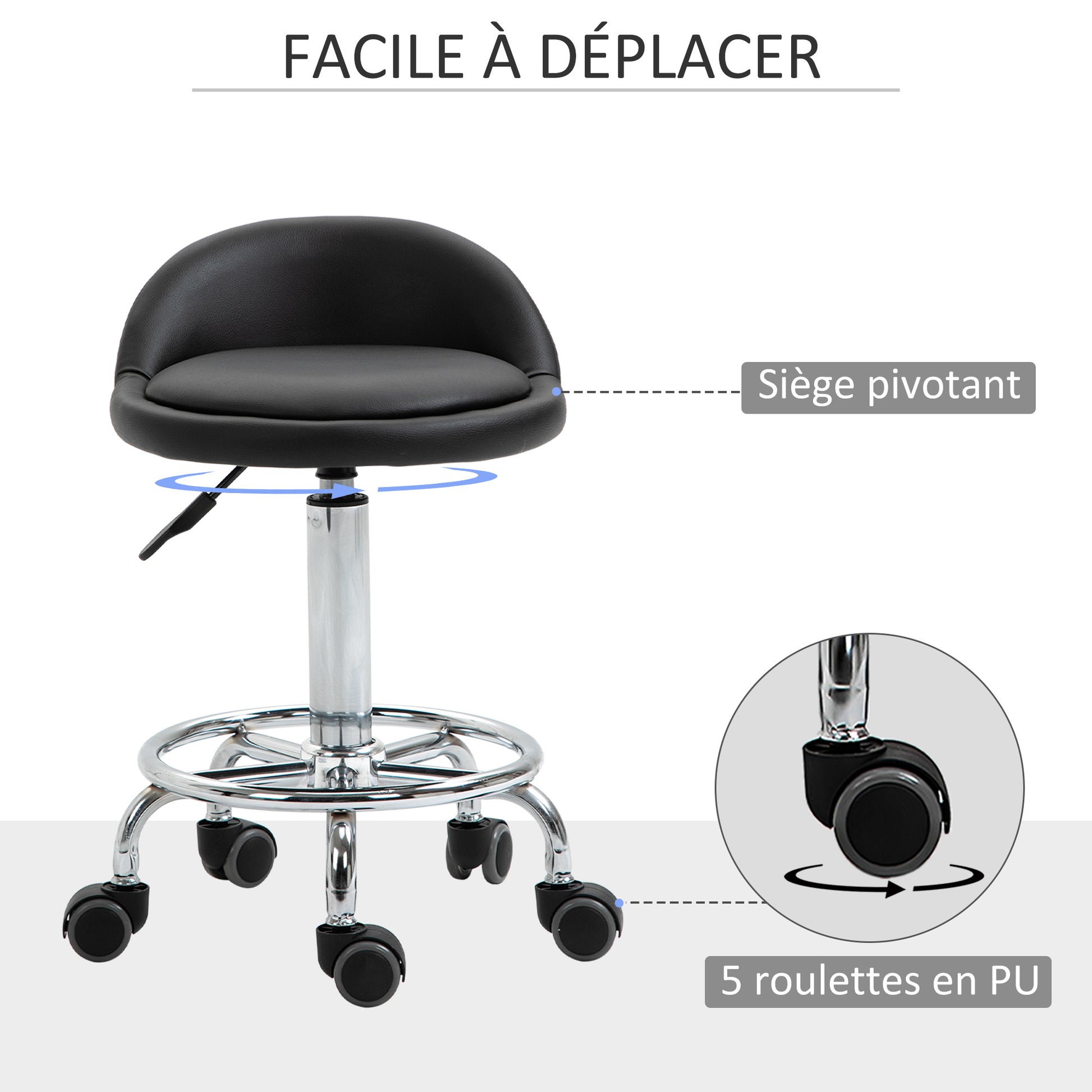 Set of 2 rolling stools swivel work stool 360° - adjustable seat 47-62H cm, ergonomic backrest - chrome-plated steel black synthetic coating
