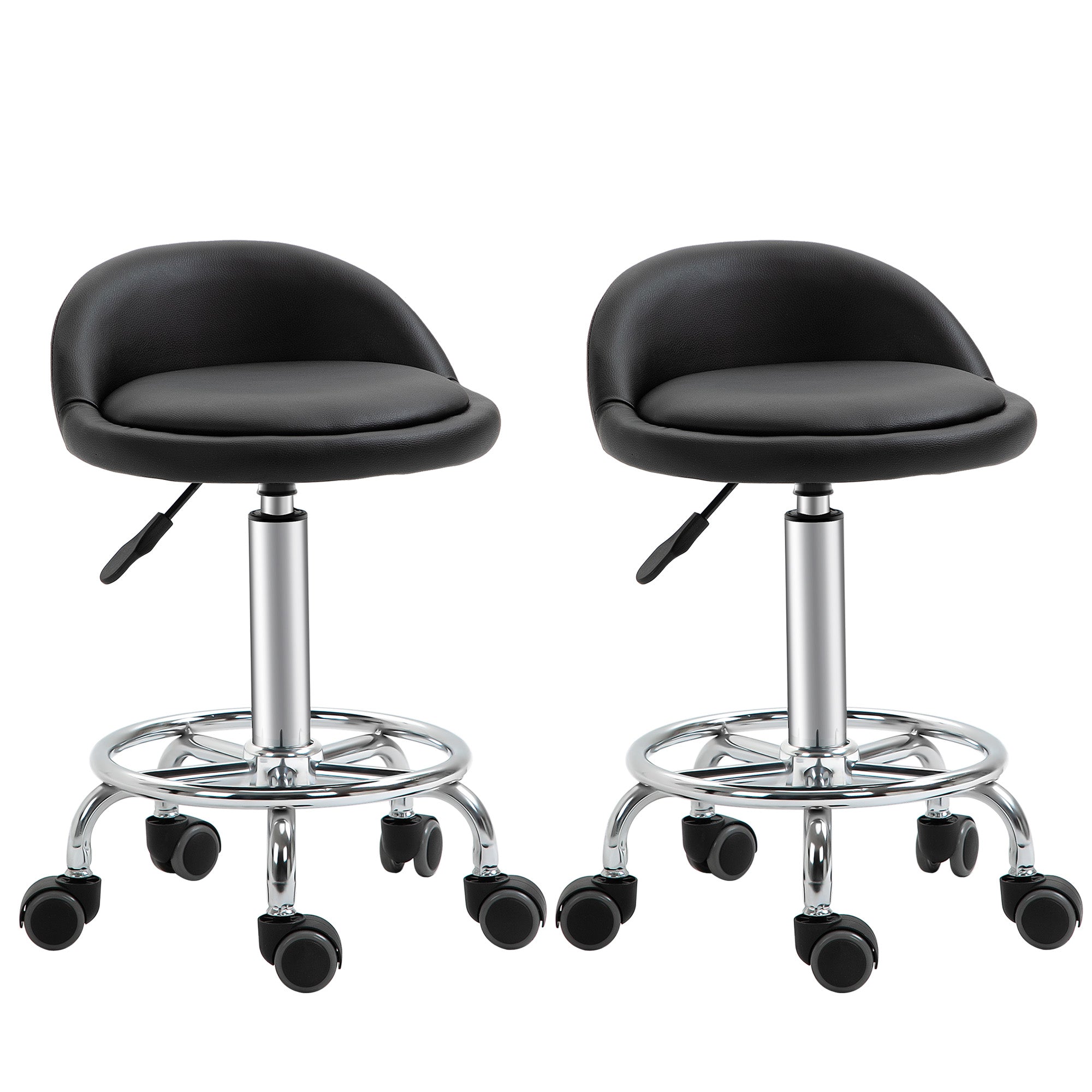 Set of 2 rolling stools swivel work stool 360° - adjustable seat 47-62H cm, ergonomic backrest - chrome-plated steel black synthetic coating