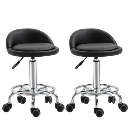 Set of 2 rolling stools swivel work stool 360° - adjustable seat 47-62H cm, ergonomic backrest - chrome-plated steel black synthetic coating