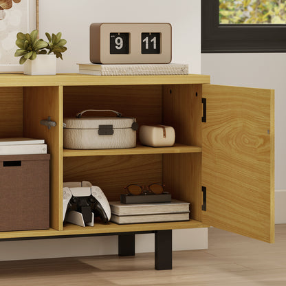 71 in (180 cm) TV Stand — Natural Wood Effect Cabinet for TVs up to 82 in, 4 Push-to-Open Doors
