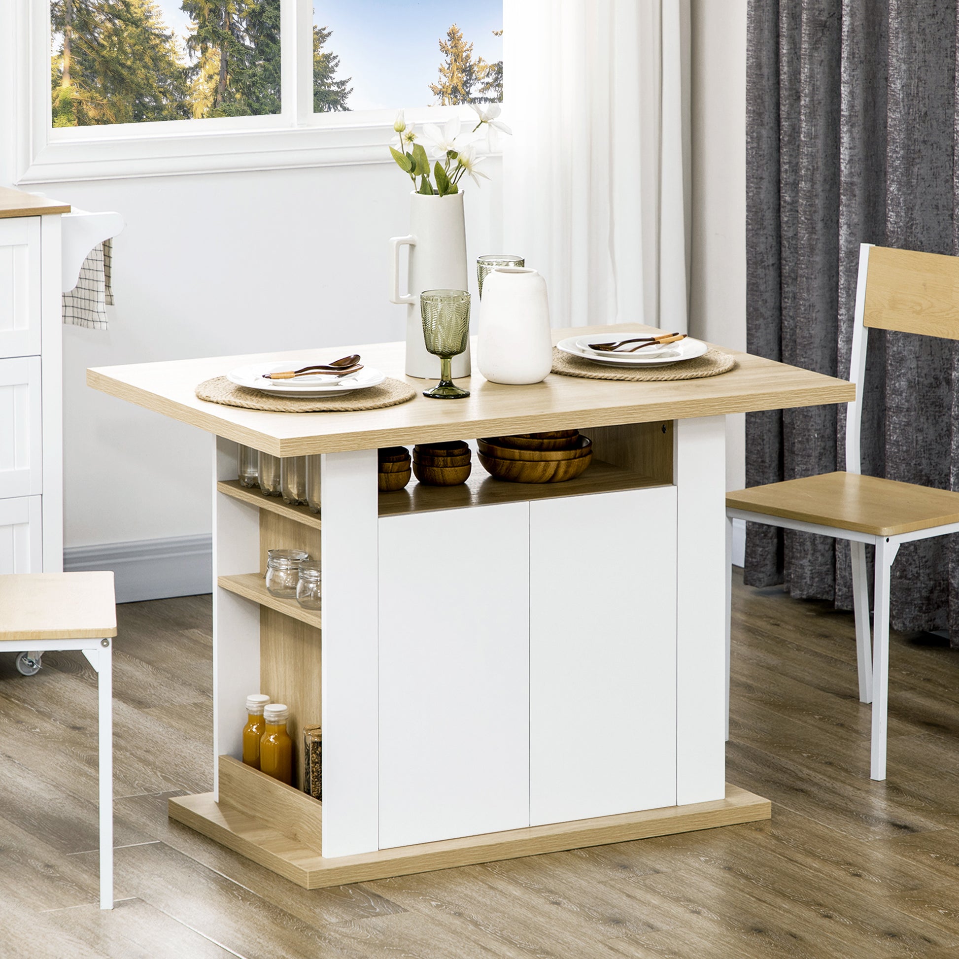 Central Island Dining Table Kitchen Storage Furniture Table with Large Worktop 4-6 People - 4-Door Cupboard and Shelves - Wood - dim. 110L x 70W x 75.5H cm white and natural