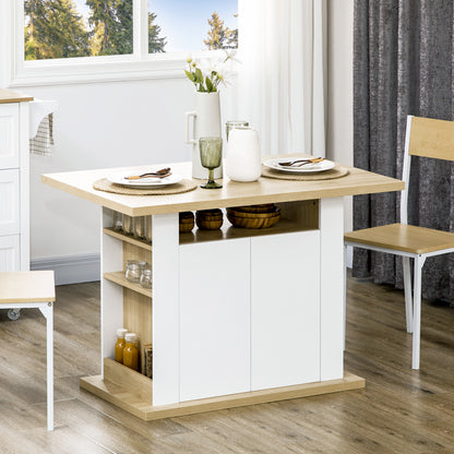 Central Island Dining Table Kitchen Storage Furniture Table with Large Worktop 4-6 People - 4-Door Cupboard and Shelves - Wood - dim. 110L x 70W x 75.5H cm white and natural