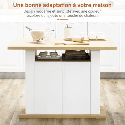 Central Island Dining Table Kitchen Storage Furniture Table with Large Worktop 4-6 People - 4-Door Cupboard and Shelves - Wood - dim. 110L x 70W x 75.5H cm white and natural