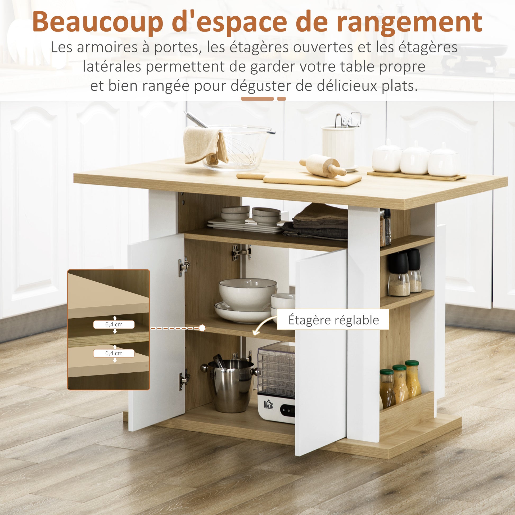 Central Island Dining Table Kitchen Storage Furniture Table with Large Worktop 4-6 People - 4-Door Cupboard and Shelves - Wood - dim. 110L x 70W x 75.5H cm white and natural