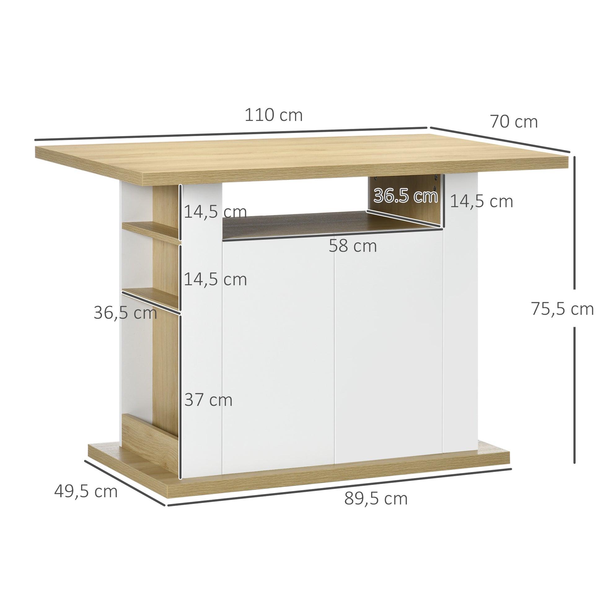 Central Island Dining Table Kitchen Storage Furniture Table with Large Worktop 4-6 People - 4-Door Cupboard and Shelves - Wood - dim. 110L x 70W x 75.5H cm white and natural