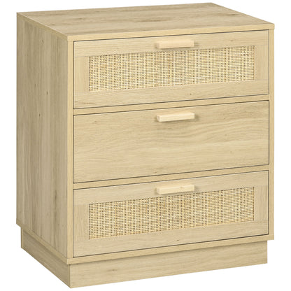 Nightstand with 3 Rattan Grid Drawers Wood Dresser for Bedroom Living Room Bohemian Style 60x38x69 cm Natural