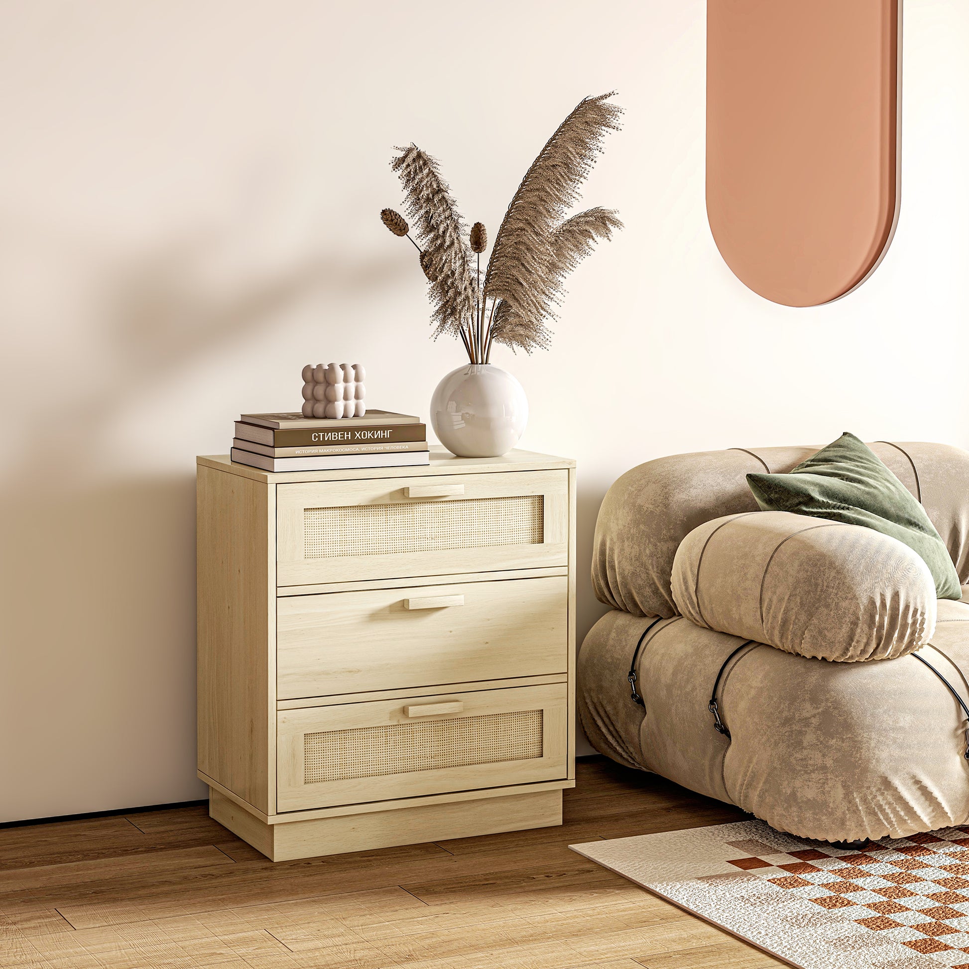 Nightstand with 3 Rattan Grid Drawers Wood Dresser for Bedroom Living Room Bohemian Style 60x38x69 cm Natural