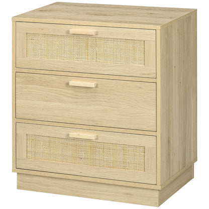 Nightstand with 3 Rattan Grid Drawers Wood Dresser for Bedroom Living Room Bohemian Style 60x38x69 cm Natural