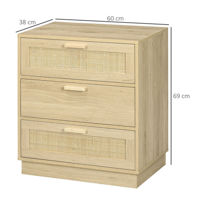 Nightstand with 3 Rattan Grid Drawers Wood Dresser for Bedroom Living Room Bohemian Style 60x38x69 cm Natural