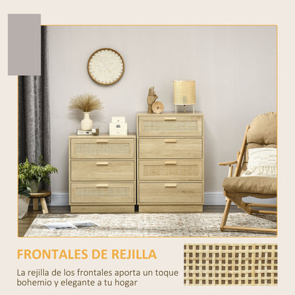 Nightstand with 3 Rattan Grid Drawers Wood Dresser for Bedroom Living Room Bohemian Style 60x38x69 cm Natural