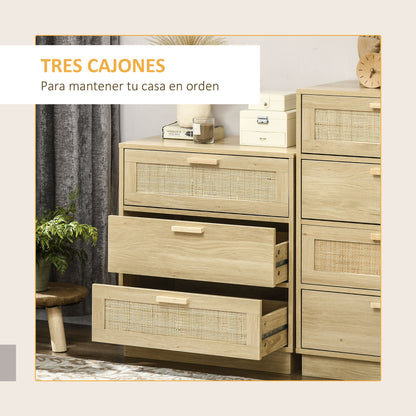 Nightstand with 3 Rattan Grid Drawers Wood Dresser for Bedroom Living Room Bohemian Style 60x38x69 cm Natural