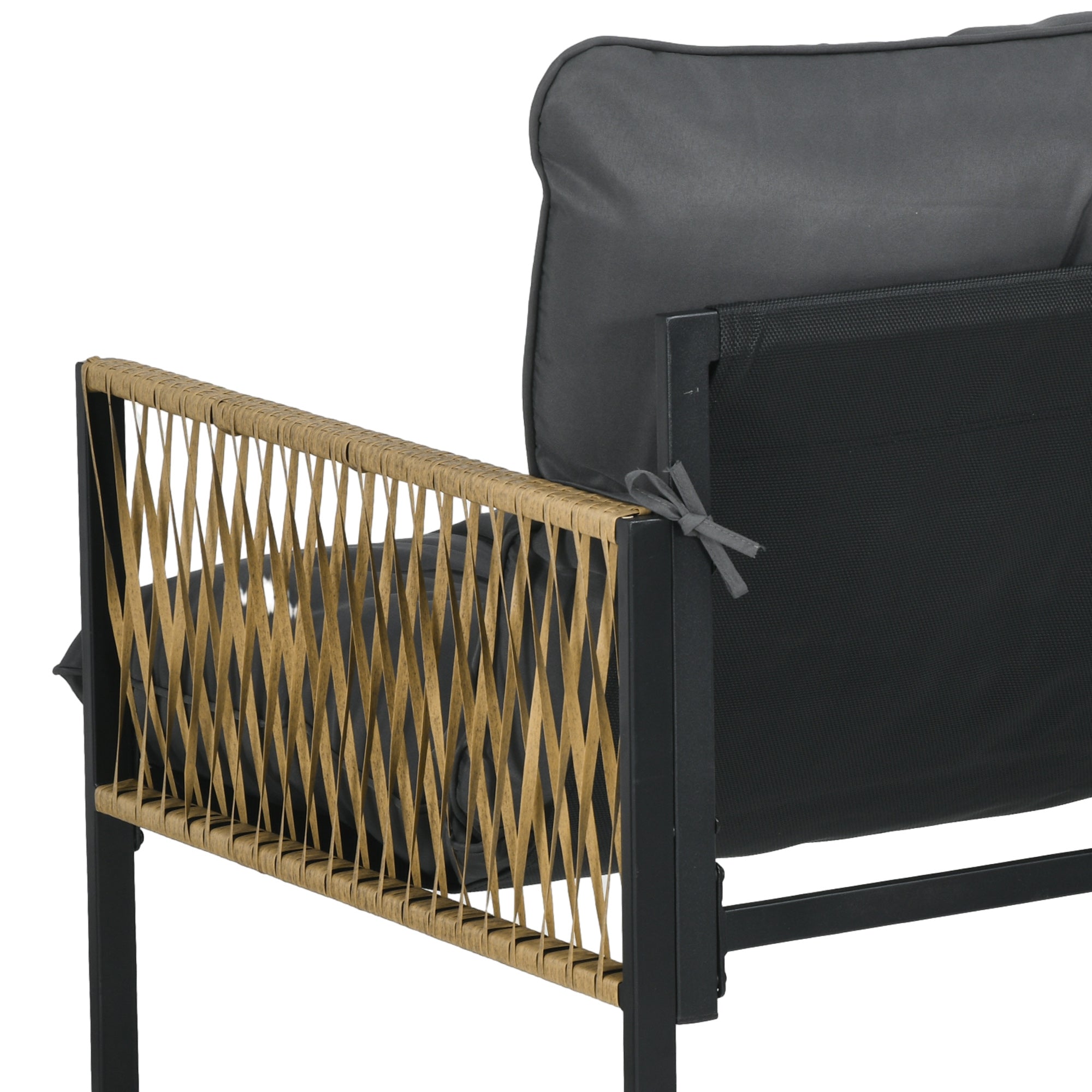 4-Piece Garden Furniture Set, 2-Seater Sofa, 2 Armchairs, and 1 Coffee Table with Tempered Glass Top, 3 Cushions, Steel and PE Rattan - Grey