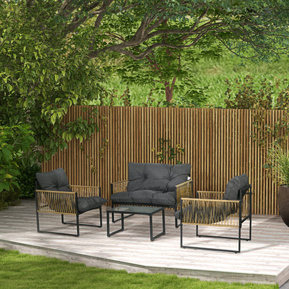 4-Piece Garden Furniture Set, 2-Seater Sofa, 2 Armchairs, and 1 Coffee Table with Tempered Glass Top, 3 Cushions, Steel and PE Rattan - Grey