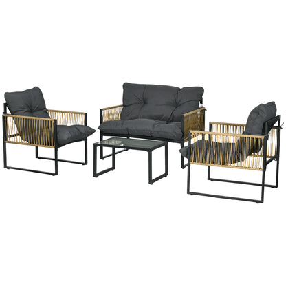 4-Piece Garden Furniture Set, 2-Seater Sofa, 2 Armchairs, and 1 Coffee Table with Tempered Glass Top, 3 Cushions, Steel and PE Rattan - Grey
