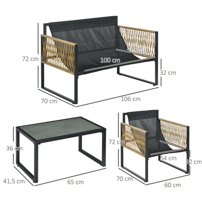 4-Piece Garden Furniture Set, 2-Seater Sofa, 2 Armchairs, and 1 Coffee Table with Tempered Glass Top, 3 Cushions, Steel and PE Rattan - Grey