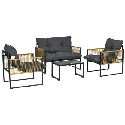 4-Piece Garden Furniture Set, 2-Seater Sofa, 2 Armchairs, and 1 Coffee Table with Tempered Glass Top, 3 Cushions, Steel and PE Rattan - Grey